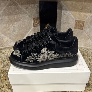 Alexander McQueen Chunky Velour and Embroidered Black & Silver Sneakers